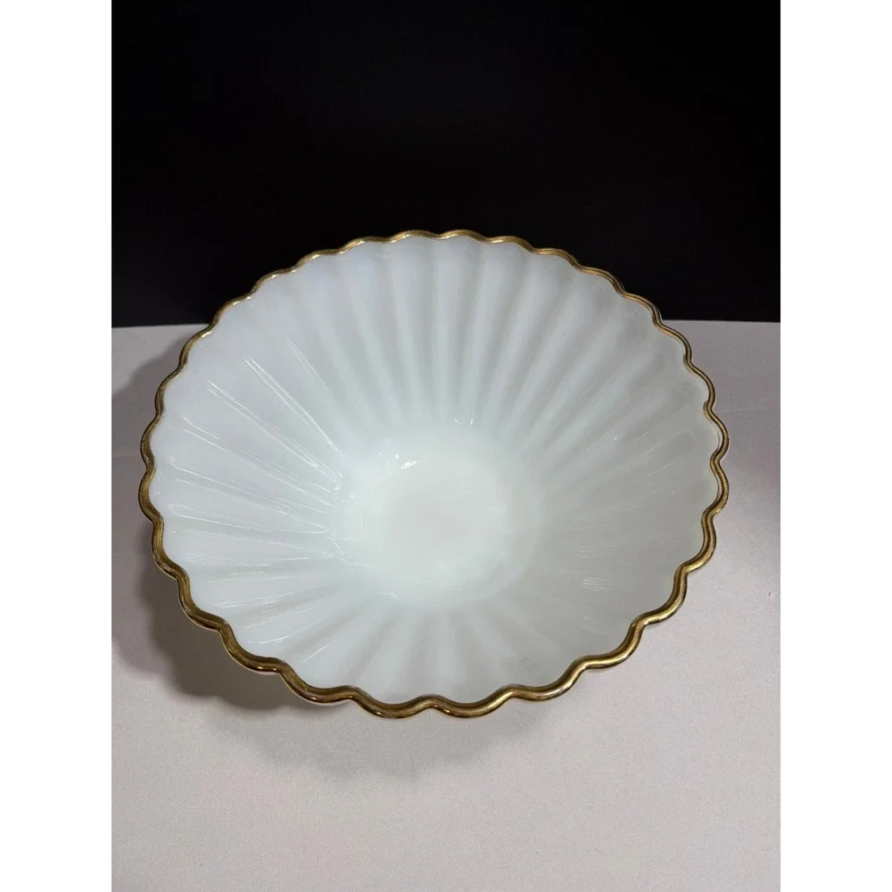 Vintage Fire-King Milk Glass Ribbed Bowl Scalloped Gold Trim Mid-Century Modern